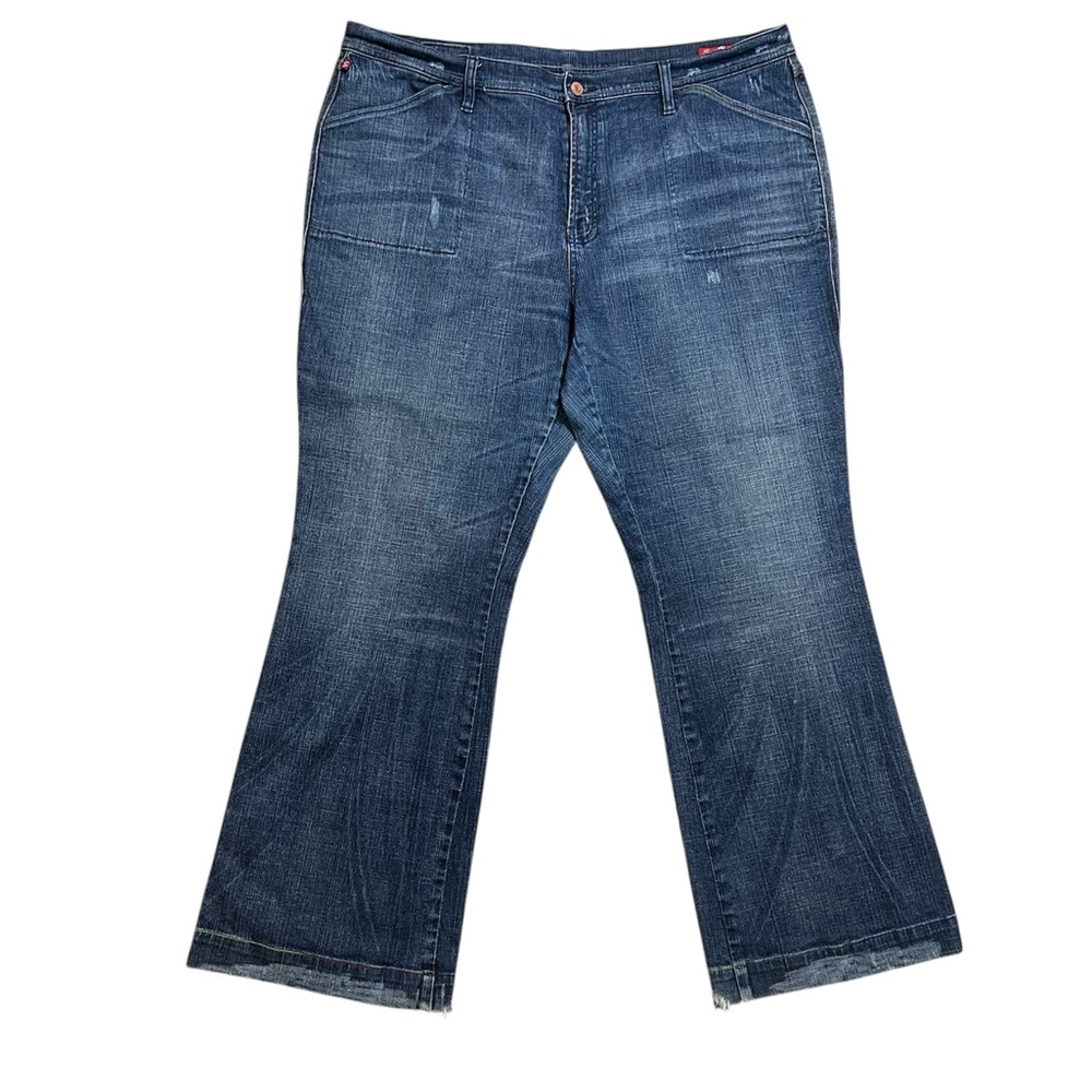 24 - Seven7 Women's Blue Flare Distressed Hem Jeans Y2K (Seven)